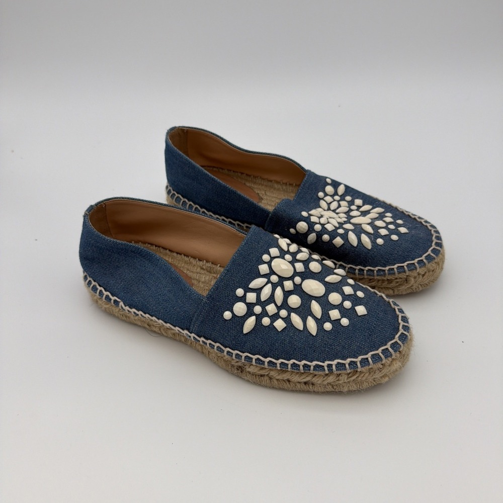 Luiza Barcelos blue denim espadrilles feature white stone embellishments Sz 39